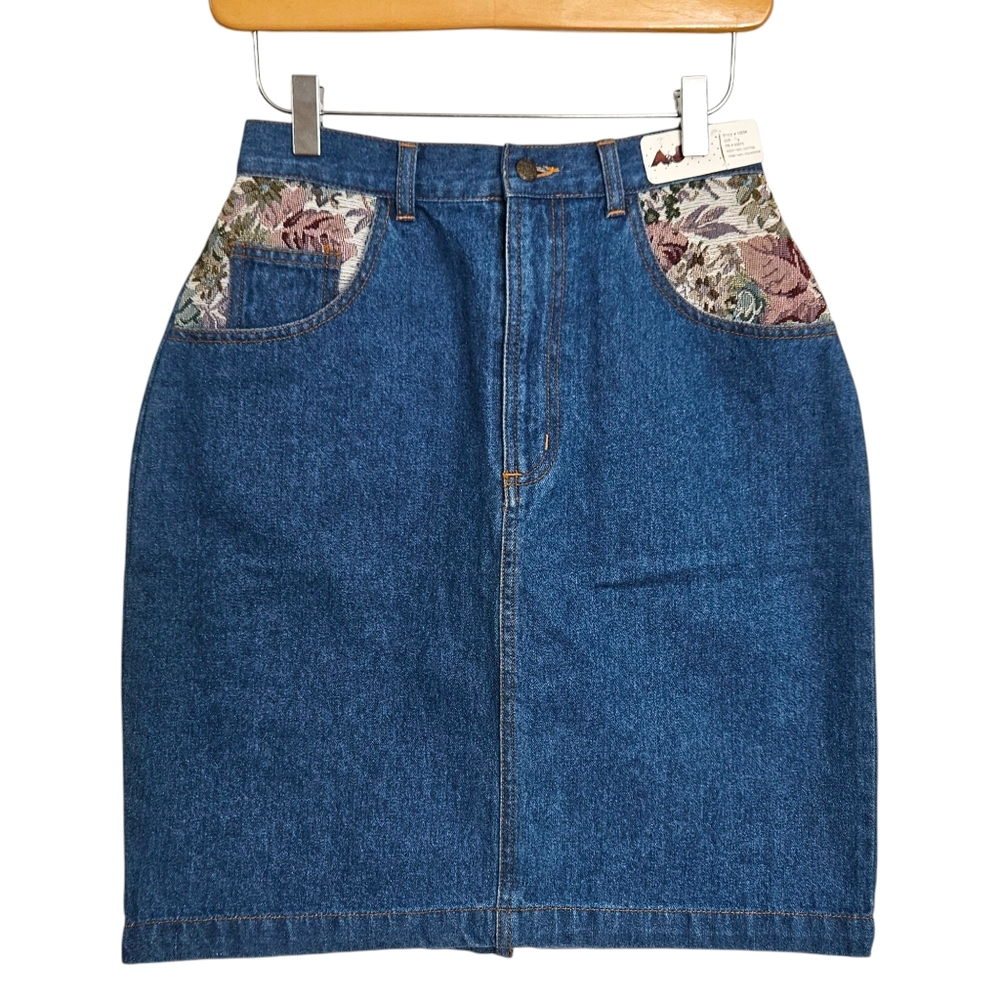 Vintage 80s 26" waist deadstock denim tapestry mini‎ skirt